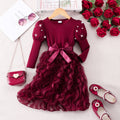 Girls' dress for toddlers and young children, pearl sleeve with 3d rose appliqué