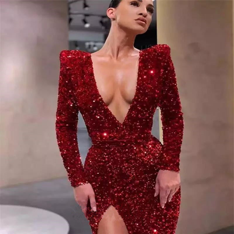 2025 cross-border amazon & wish european & american women's sexy one-shoulder long sleeve sequin dress slit maxi dress ins spring collection