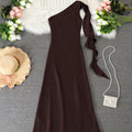 Women's sophisticated satin dress - one-shoulder, flowing ribbon, slimming waist, long formal dress