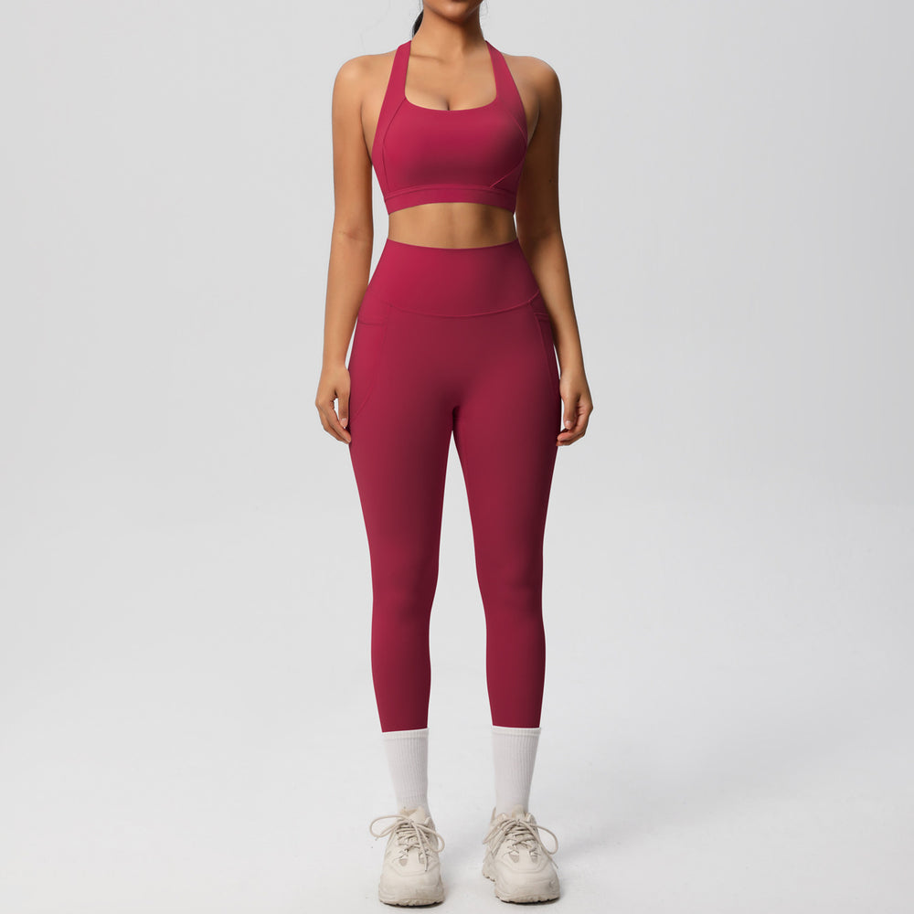 European and american cross-border yoga double-sided brushed tank top & shockproof pocket pants pilates running fitness yoga outfit two-piece set