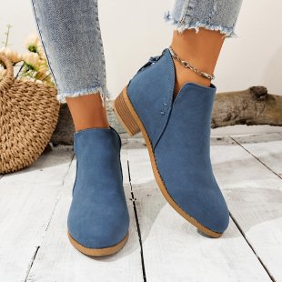 Fashionexportplus size leather boots women's boots pure colorslimming look pointed toe back zipper casualthick sole thick heel boots women's single