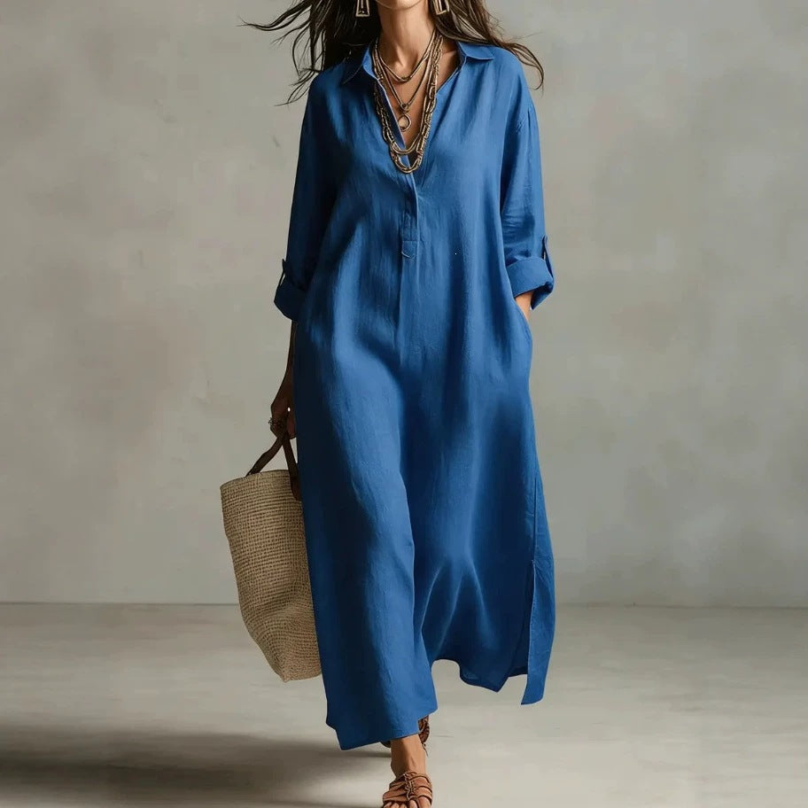 fashion spring and summer new arrivaldresspure color lapel casuallong sleevesshirt skirt lazy style cotton and linen