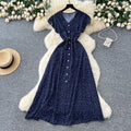 French retro v-neck flutter sleeve fitted waist dress - women's 2025 summer slimming elegant single-breasted floral maxi dress