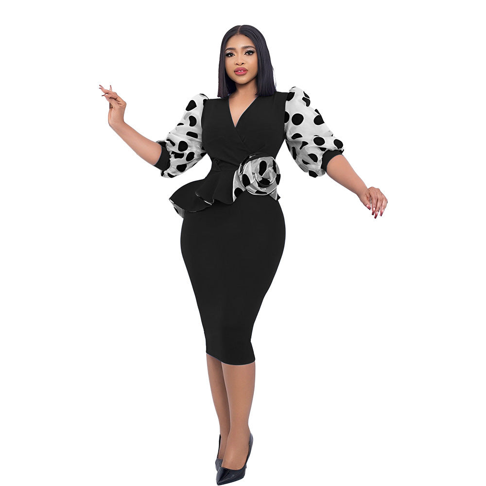 Q069 independent station export women's clothing  new arrival elegant mesh patchwork v-neck bodycon european and american style dress