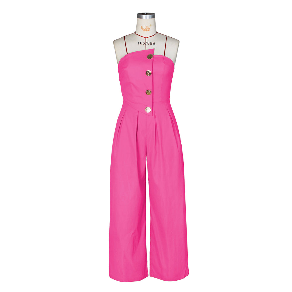 fashion women's sexy bandeau sleeveless metal button wide-leg jumpsuit