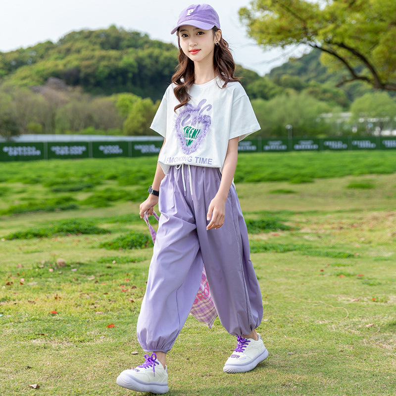 Girls' summer fashion short-sleeve outfit: stylish and trendy lightweight set for girls, ages 8-9