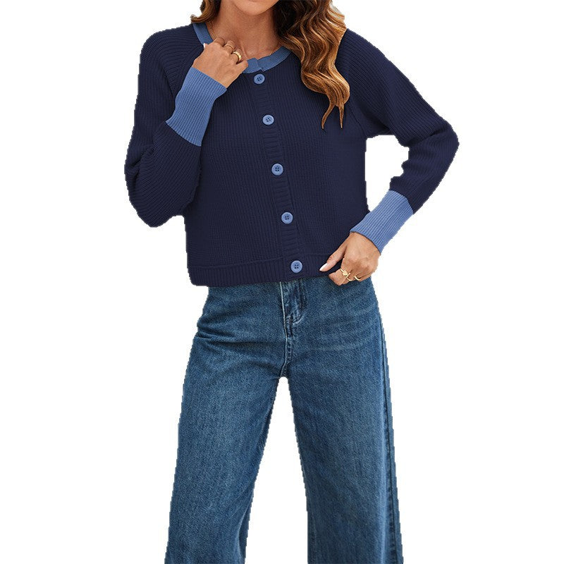 Cross-border 2025 autumn and winter new tiktop European and American round neck color matching fashion button contrasting knitted cardigan jacket