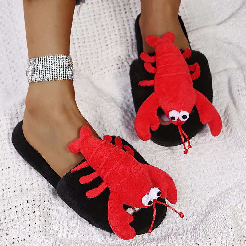 Autumn/winter open-toe cotton slippers for women - available in cute lobster/crab designs - plush, korean-style, wearable at home or out