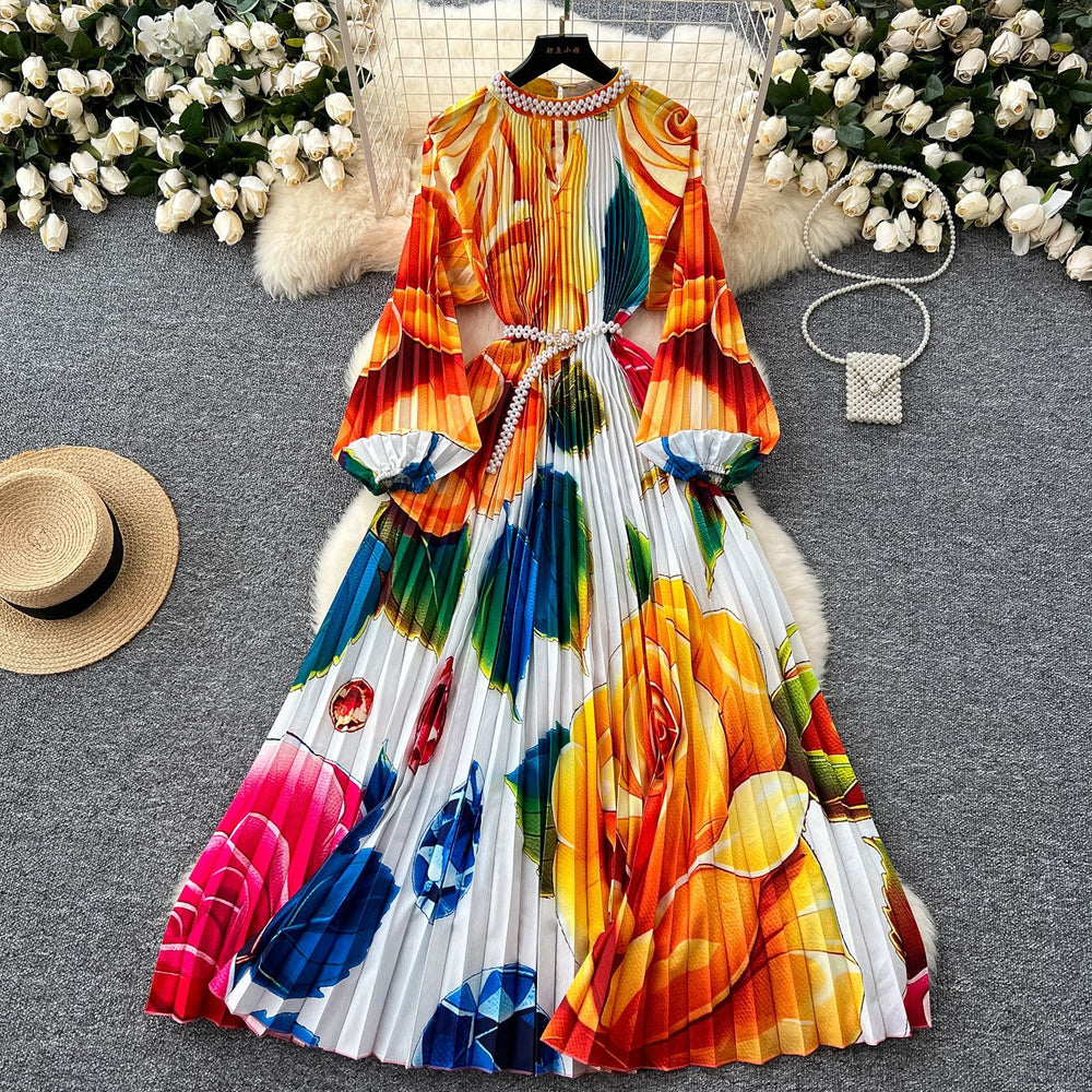 European and american high-end elegant women's fashion beaded round neck hollow-out pleated lantern sleeve cinched waist printed maxi dress