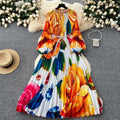European and american high-end elegant women's fashion beaded round neck hollow-out pleated lantern sleeve cinched waist printed maxi dress