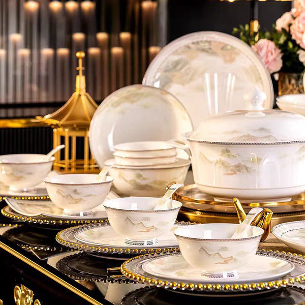 Bone china tableware bowl and plate combination full set of gifts wholesale Jingdezhen ceramic bowl and chopsticks set gift box gift light luxury