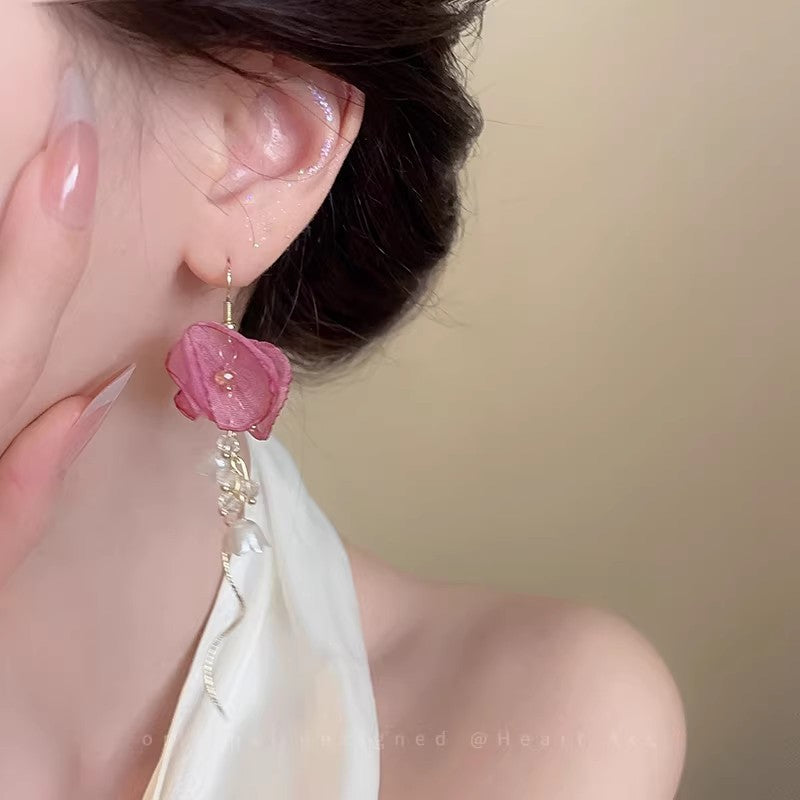 Pink tulle flower tassel earrings - women's french riviera style long earrings - unique design statement earrings