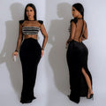 C6823 cross-border   fashion women's solid color mesh rhinestone long sleeve maxi dress