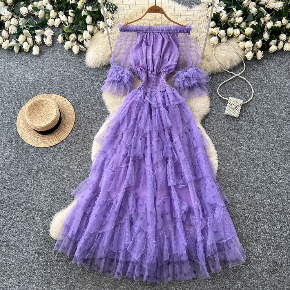 Sweet and lovely pink mesh dress for women, perfect for summer. features an off-the-shoulder design, puff sleeves, a high waist, and an a-line silhouette. an ethereal, fairy-tale style