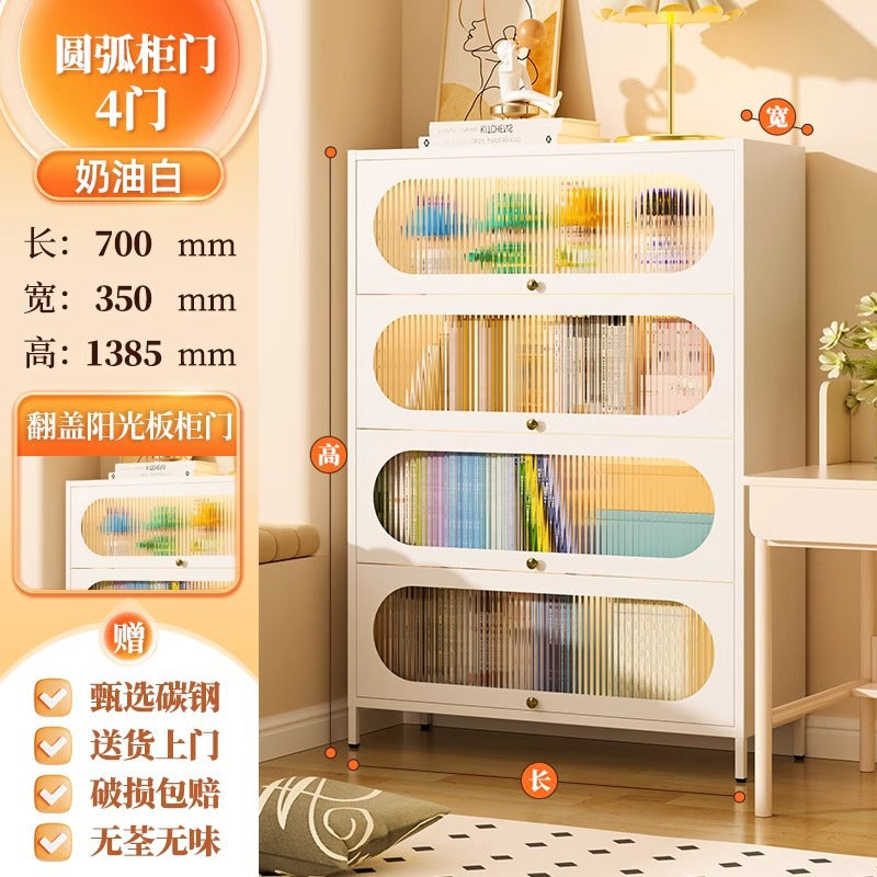 Steel bookcase french style home with door dustproof children's multi-layer iron art flip-top bookshelf living room storage rack