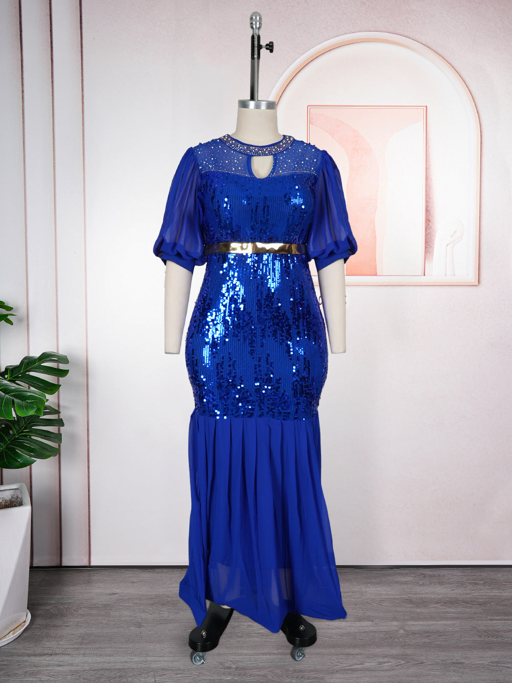 African cross-border supply  new women's plus size round neck rhinestone sequin evening party dress