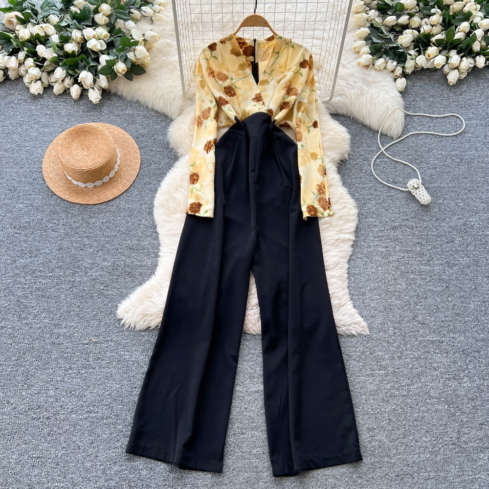 Autumn wear light mature style royal sister style classy sense v necklong sleevesprintingpatchworkhigh waistslimming lookcasualloose pants jumpsuit