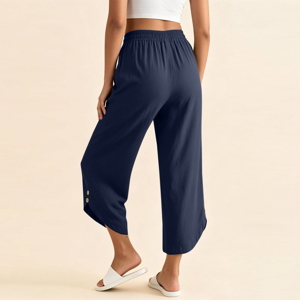 cross-border  women's summer lightweight solid color elastic waist drawstring pocket side button casual capri pants