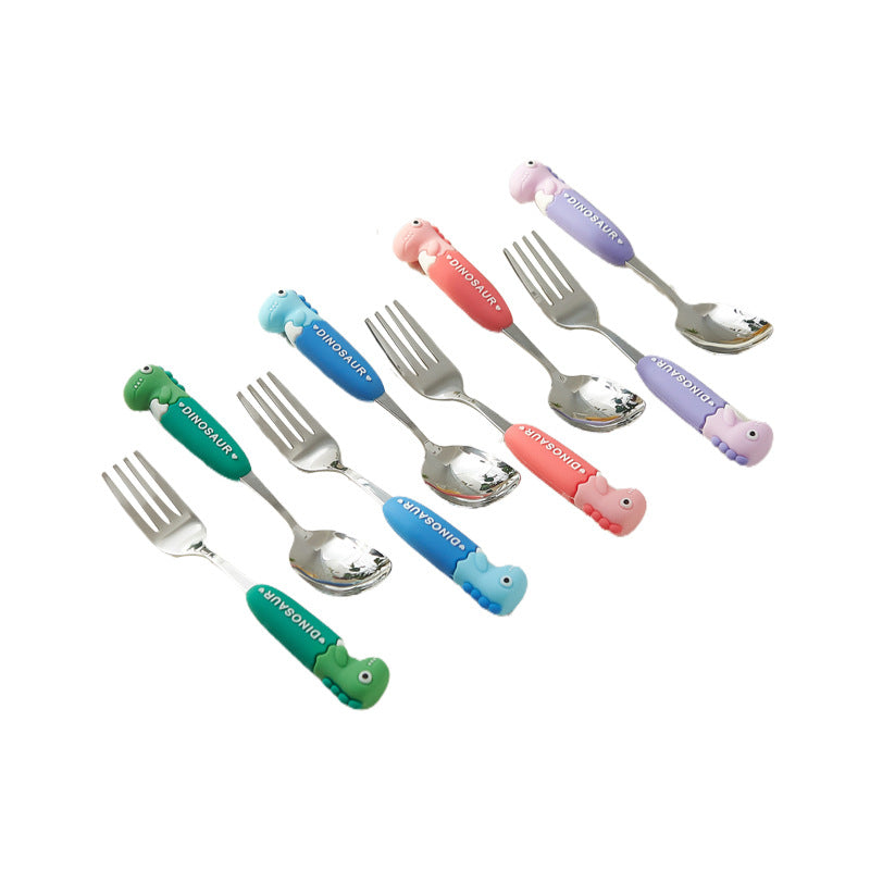 Cartoon dinosaur stainless steel cutlery set - anti-scald handles, forks & spoons, multiple colors available, wholesale children's western dinnerware
