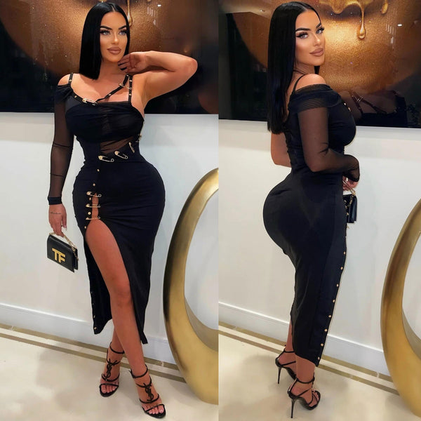 K9093 European and American, sexy, solid color hip-wrapped mesh yarn off-the-shoulder split fork hollow perspective pin decorative dress