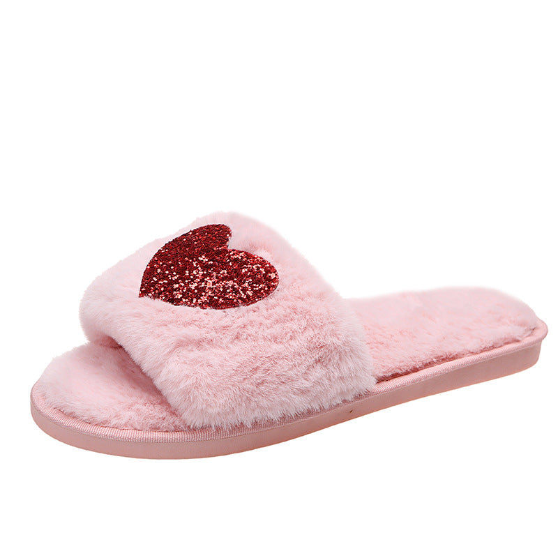 2024new arrival women's plus size fur slippers autumn winter one-piece flat heel open toe popularfashionheattech heart-shaped slippers