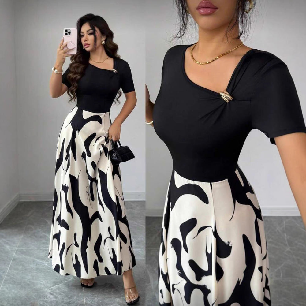 women's v-neck a-line dress with cinched waist, black and white abstract print, and metal buckle detail – elegant and versatile