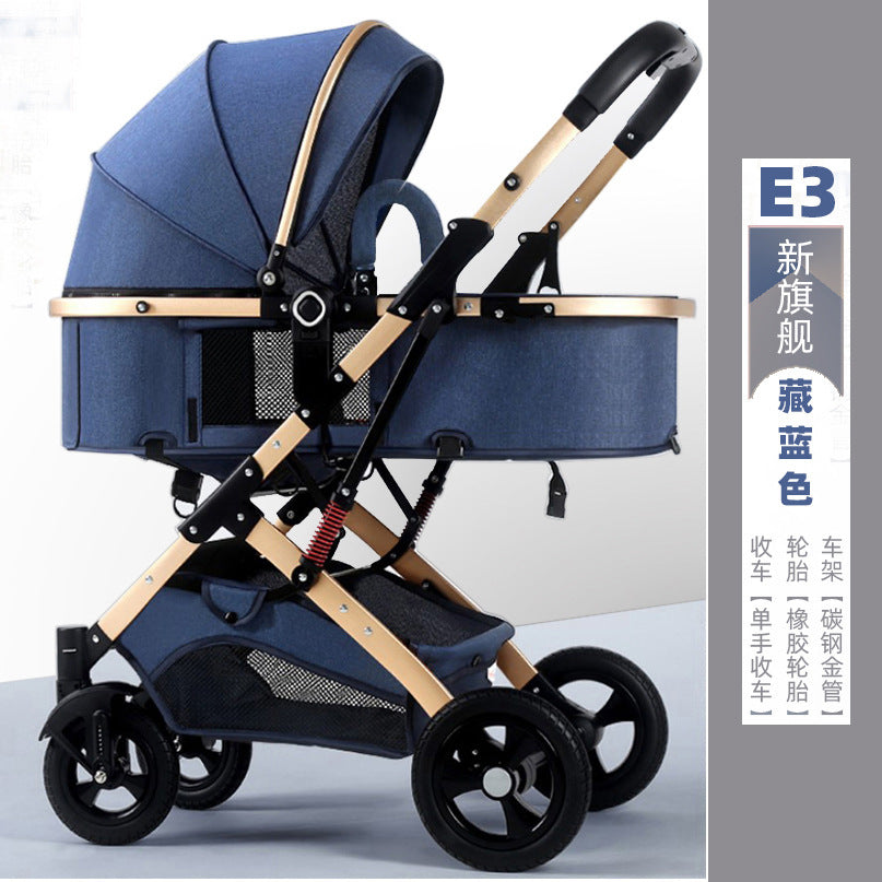 Newborn baby sleeping blue reversible, sit or lie down, high view baby stroller, foldable shock absorber stroller, two-way baby stroller