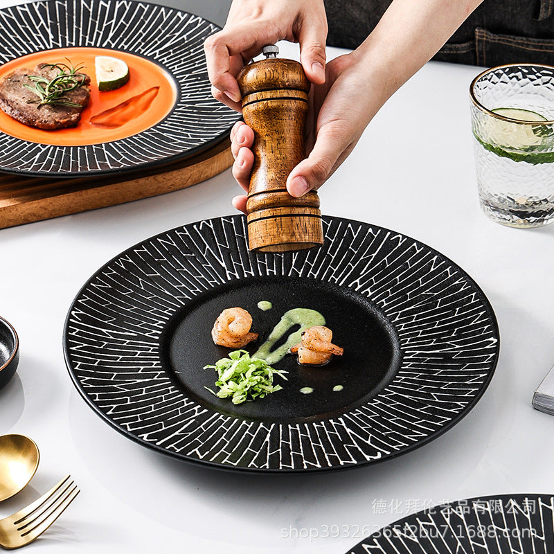 European-style black striped dinner plate ceramic tableware, hotel restaurant steak plate, creative large soup plate pasta plate