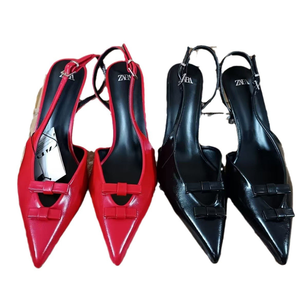 Za2024 early autumn new french style red pointed-toe bow heeled sandals women's stiletto closed-toe slingbacks