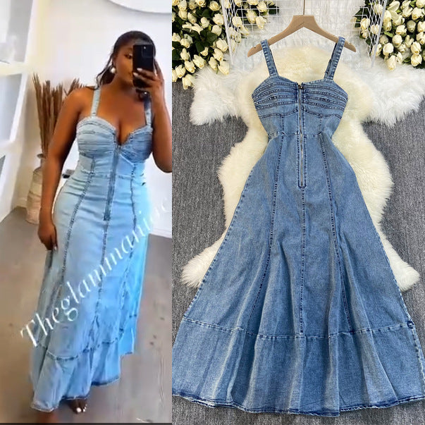Fashion cross-border summernew arrival denim dress suspender backless high waist zipper silm large swing denim long skirt
