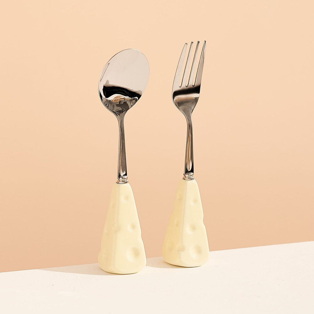 Carefully selected, instagram-worthy, high-end cheese stainless steel fork and spoon set. features a heat-resistant ceramic handle. perfect as children's cutlery