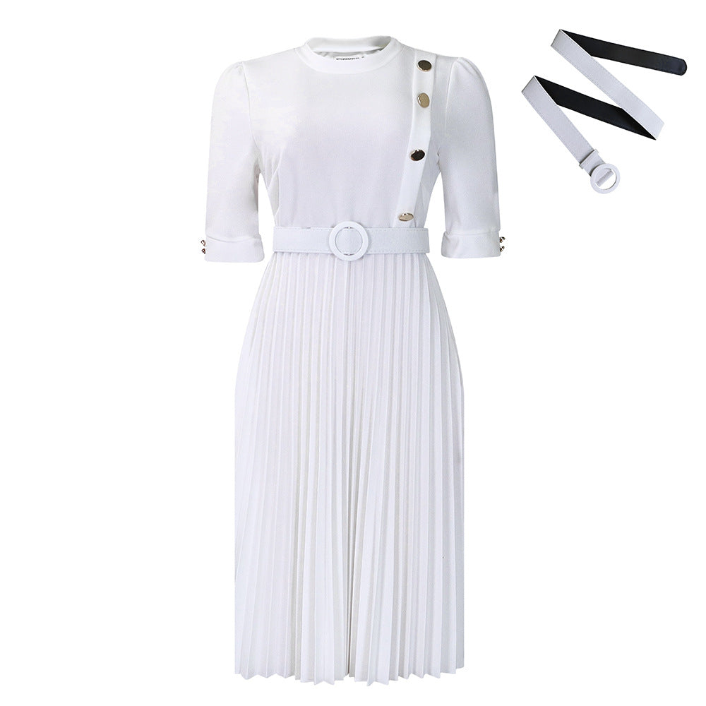 D433 independent station export women's clothing  autumn and winter new arrival african elegantpure color pleated button exportdress