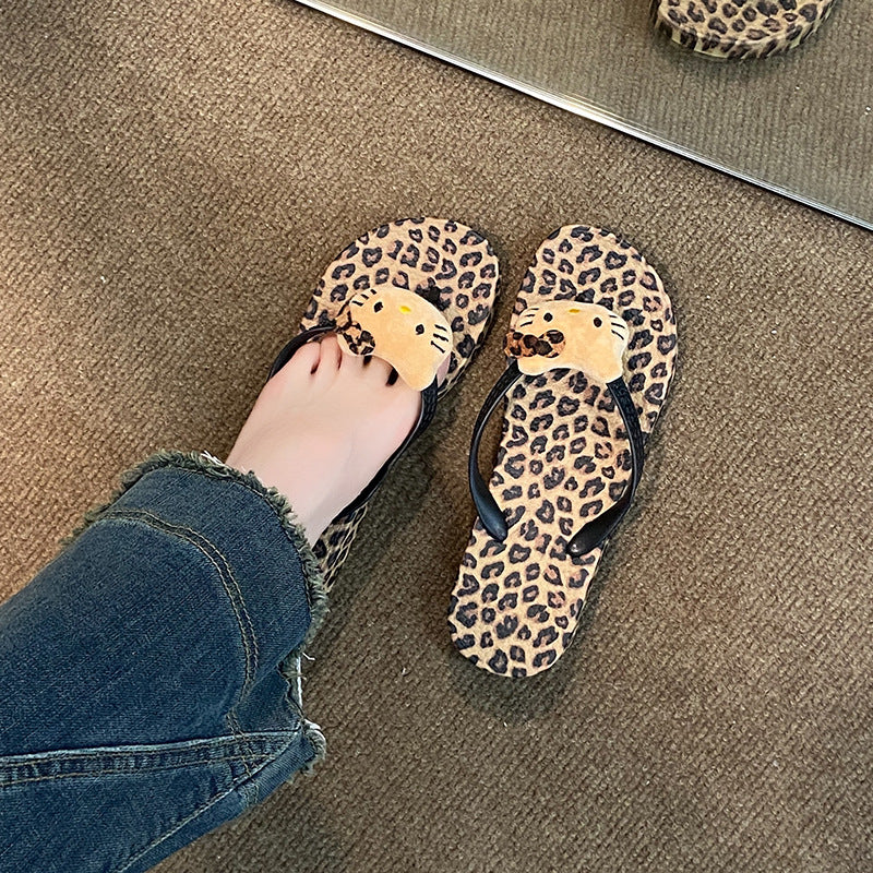 Cartoon new arrivalcute leopard print flip-flops inssummer home foreign trade flat bottom casual beach sandals women