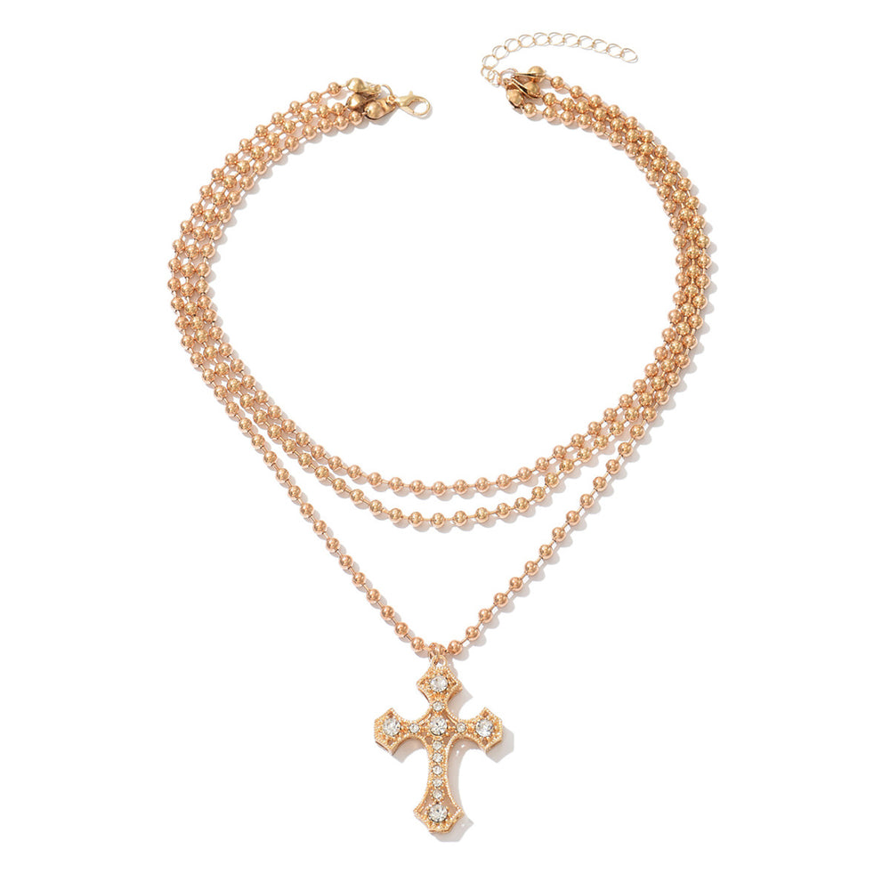 Wholesale hollow cross necklace - european & american cross-border retro, light luxury, high-end, diamond-studded, unique round bead chain accessories