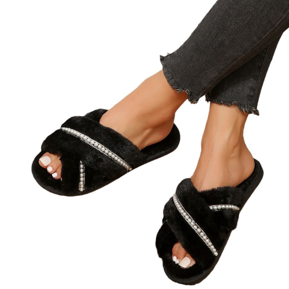 Women's shoes 2024 new korean style fuzzy slippers women's outdoor wear popular fashion pearl chic trendy shoes flat large size