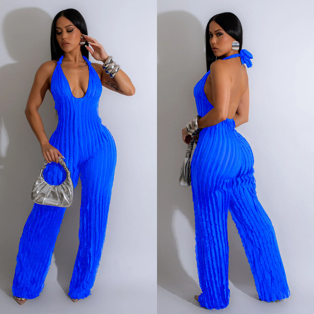 C6737 cross-border   fashion women's solid color backless deep v pleated halter bodysuit