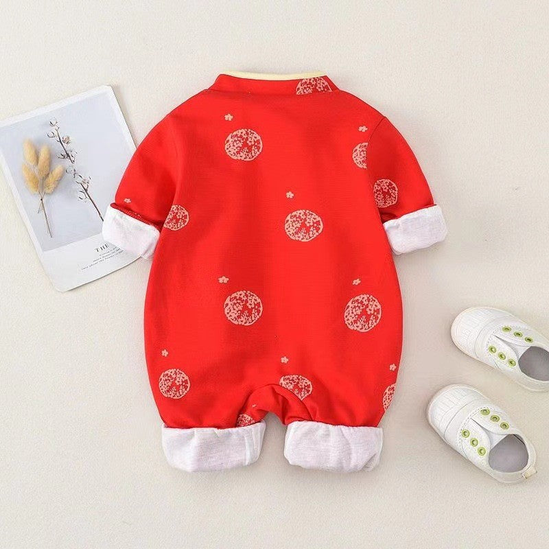 Newborn and infant baby girl clothes - spring/autumn chinese style full month celebration outfit - side-opening embroidered peach blossom double-layer romper