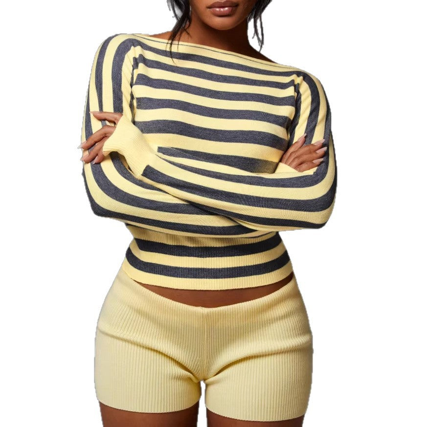 european and american cross-border knitted striped cropped long sleeve top - sexy cropped sweater