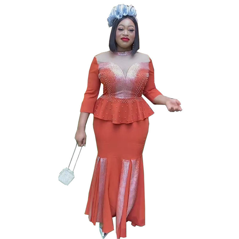 African cross-border sourcing:  new slim-fit, heavily embellished hotfix rhinestone plus-size maxi dress, high-waisted, elegant two-piece set