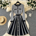 Accessible luxuryfall and winter tweed styledressfashion metal buckle waist contrast colorpleated chidori gridsknitting bottom skirt
