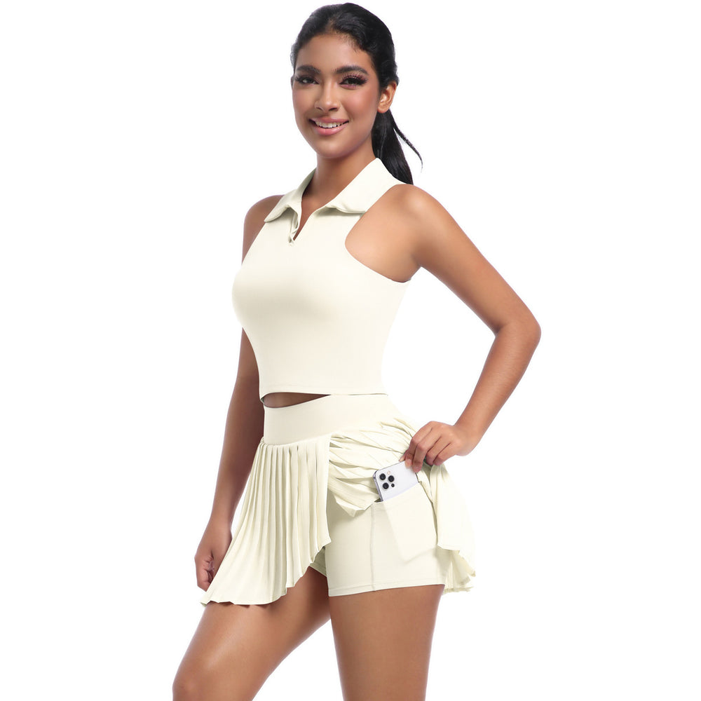 New arrival cross-border pure color lapel vest breathable fake two-piece pleated skirt suit sports running fitness yoga clothes