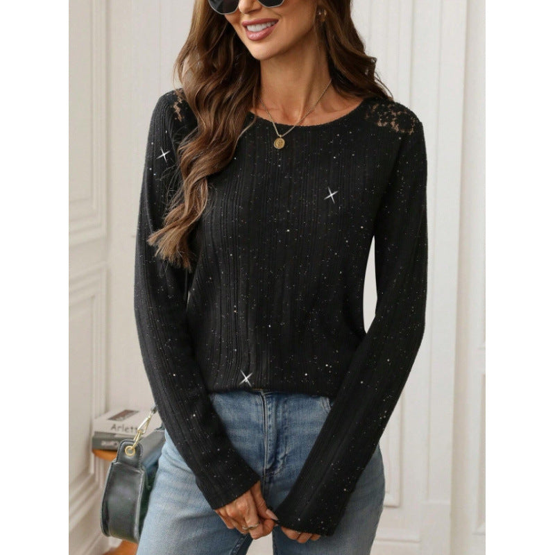 women's sequin ribbed knit sweater - long sleeve lace patch crew neck casual top