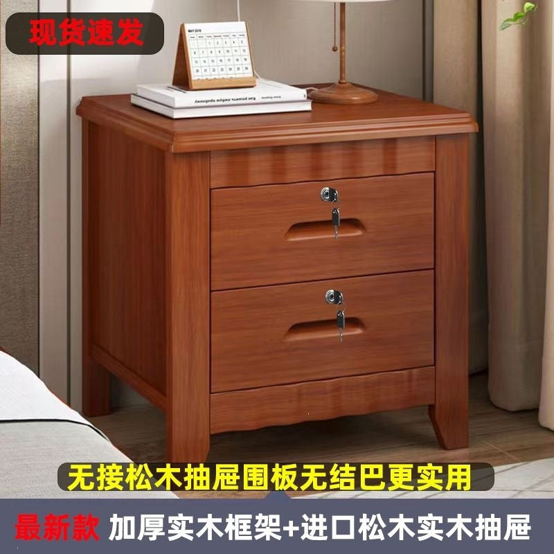 Solid wood bedside table for home bedroom, lockable storage cabinet, small rental room bedside storage chest, no assembly required