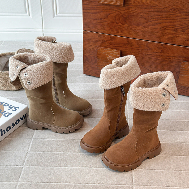 ins velvet boots 2025 autumn and winter new Korean version of girls Maillard flanged high boots thermal cotton boots