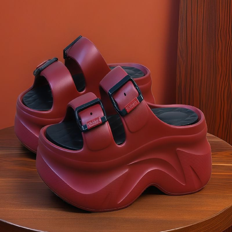 Fashion wedge sandals and slippers double strap heightening k-style women's summer ins trendy elegant buckle stepping on shit feeling easiest for matchthick sole