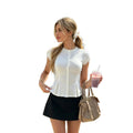 new lace trim short sleeve top - women's single-breasted, waist-defining, slimming, versatile t-shirt