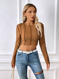 Export cross-border european and american clothing  fall and winter new arrival silmshortcrop top exposed stitching long sleeves t-shirt