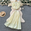 French chic two-piece set: women's gentle style round neck ruffle trim heart print top + high-waisted flared midi skirt