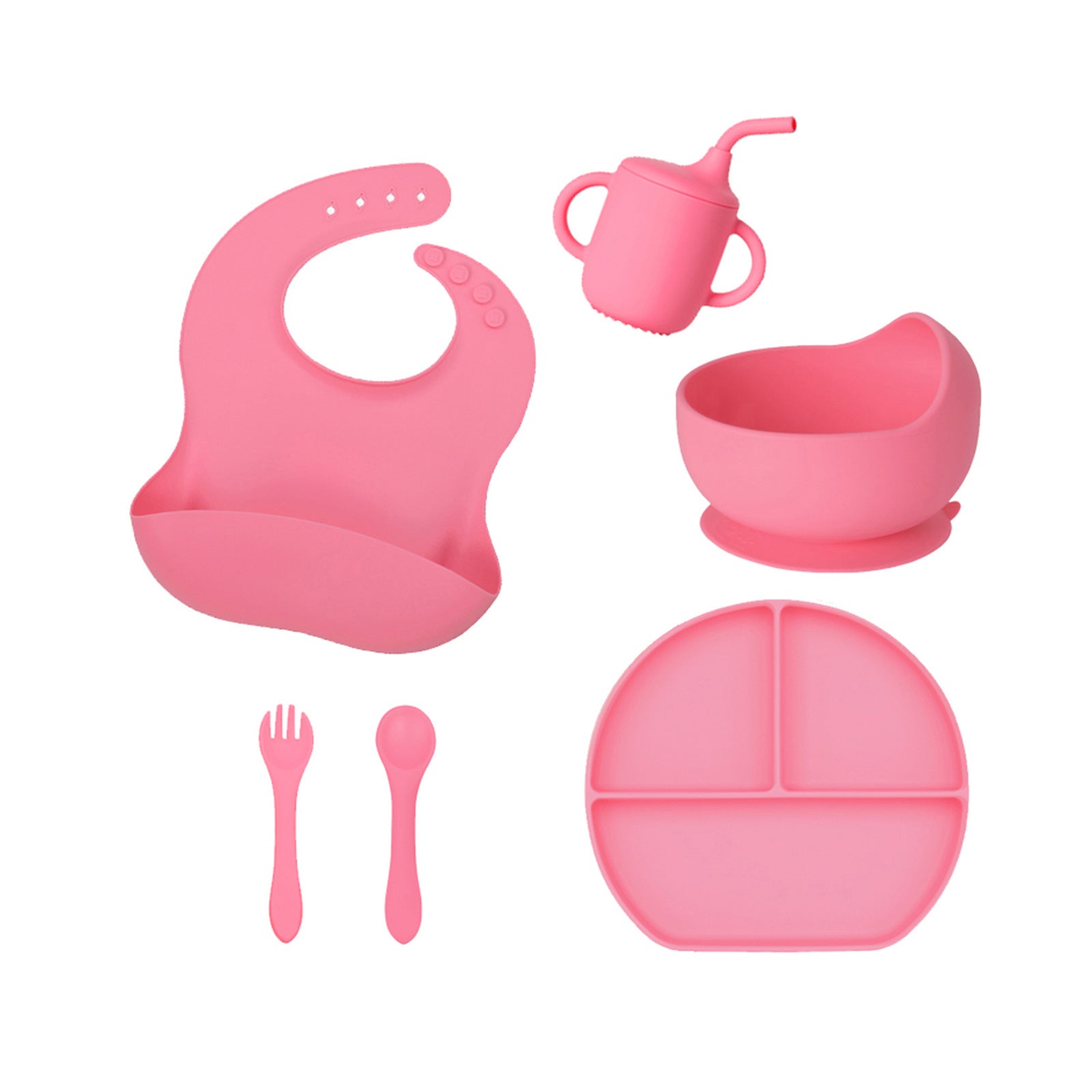 Factory custom silicone tableware 6-piece set baby straw cup plate bowl bib eating children's tableware set