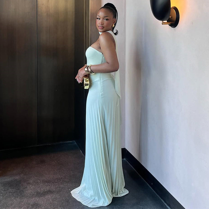 European and american cross-border women's fashion:  summer new arrivals - sweet and fresh bandeau high-waisted slimming pleated maxi dress